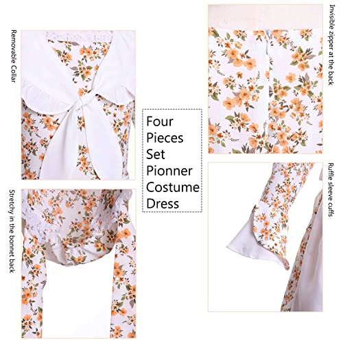 Vibsion Girls Prairie Pioneer Costume Pilgrim Dress Kids Floral Colonial Village Girl Costume Bonnet Apron Set Beige XXL - Image 5