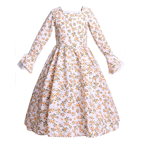 Vibsion Girls Prairie Pioneer Costume Pilgrim Dress Kids Floral Colonial Village Girl Costume Bonnet Apron Set Beige XXL - Image 4