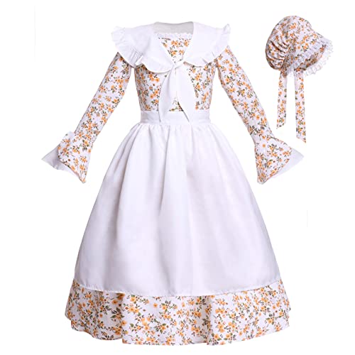 Vibsion Girls Prairie Pioneer Costume Pilgrim Dress Kids Floral Colonial Village Girl Costume Bonnet Apron Set Beige XXL - Image 1