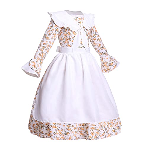 Vibsion Girls Prairie Pioneer Costume Pilgrim Dress Kids Floral Colonial Village Girl Costume Bonnet Apron Set Beige XXL - Image 2