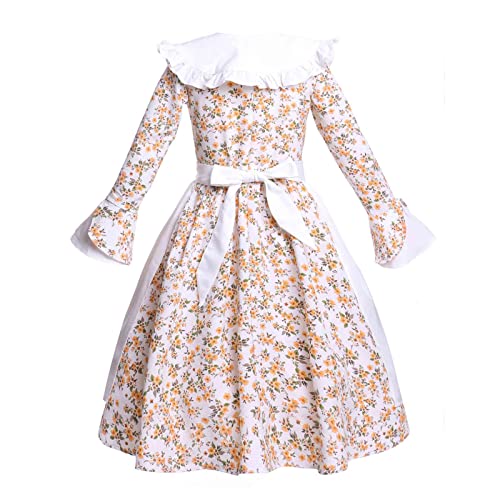 Vibsion Girls Prairie Pioneer Costume Pilgrim Dress Kids Floral Colonial Village Girl Costume Bonnet Apron Set Beige XXL - Image 3
