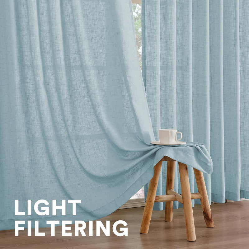 PrinceDeco Light Filtering Curtains 96 Inches Long 2 Panels Long Semi Sheer Linen Blended Window Curtains Back Tab Pocket Boho Rustic Farmhouse Drapes for Living Room Bedroom 52X96, Blue - Image 5