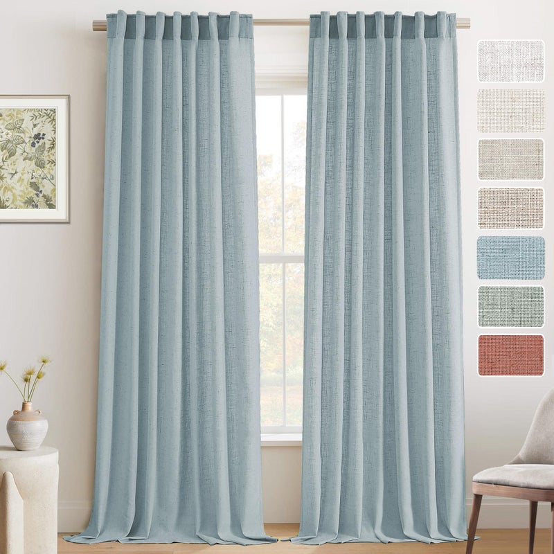 PrinceDeco Light Filtering Curtains 96 Inches Long 2 Panels Long Semi Sheer Linen Blended Window Curtains Back Tab Pocket Boho Rustic Farmhouse Drapes for Living Room Bedroom 52X96, Blue - Image 1