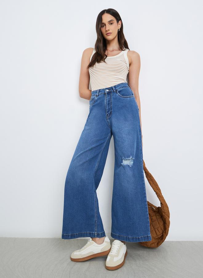 Styli High Rise Wide Leg Jeans with Light Distress - Image 1
