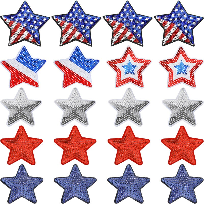 24 Pcs 5 Star Sequins Sew Patriotic Iron on Applique Glitter 5 Pointed Star Patches Independence Day Shimmer Patches for Clothes Red Blue Silver Sequin Stars for Jeans Jackets DIY Crafts