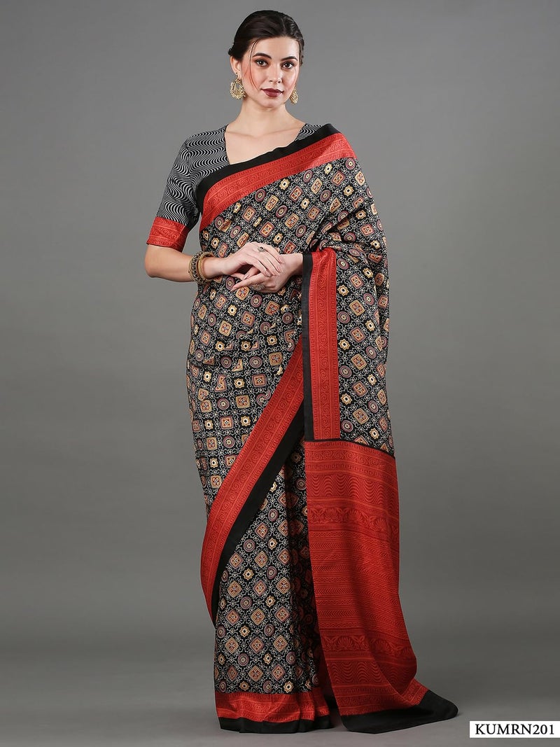 saree mall ساري مول ساري حرير دولا مطبوع بتقنية أجرق للنساء مع قطعة بلوزة غير مخيطة (أسود_KUMRN201_SM) - Image 4