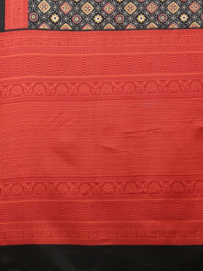 saree mall ساري مول ساري حرير دولا مطبوع بتقنية أجرق للنساء مع قطعة بلوزة غير مخيطة (أسود_KUMRN201_SM) - Image 5