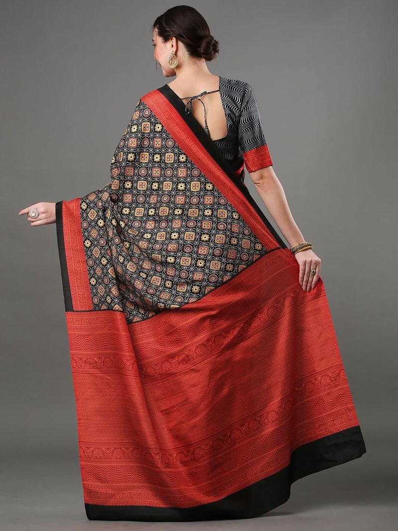 saree mall ساري مول ساري حرير دولا مطبوع بتقنية أجرق للنساء مع قطعة بلوزة غير مخيطة (أسود_KUMRN201_SM) - Image 2