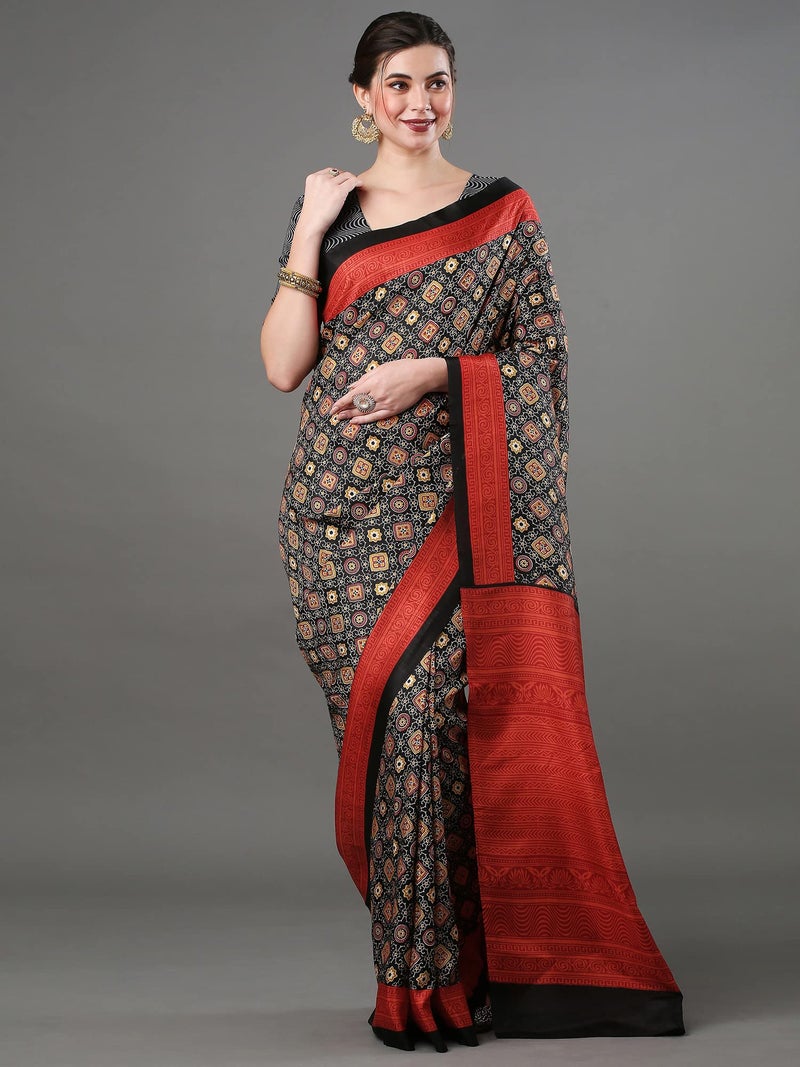saree mall ساري مول ساري حرير دولا مطبوع بتقنية أجرق للنساء مع قطعة بلوزة غير مخيطة (أسود_KUMRN201_SM) - Image 3