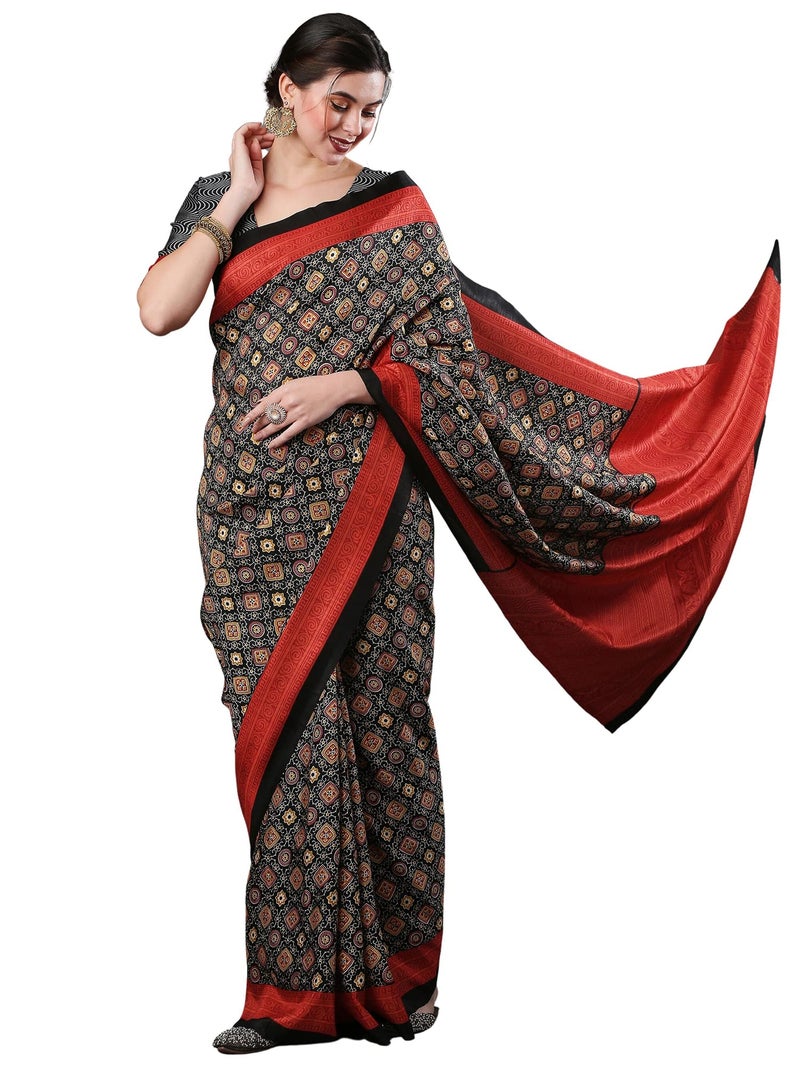 saree mall ساري مول ساري حرير دولا مطبوع بتقنية أجرق للنساء مع قطعة بلوزة غير مخيطة (أسود_KUMRN201_SM) - Image 1