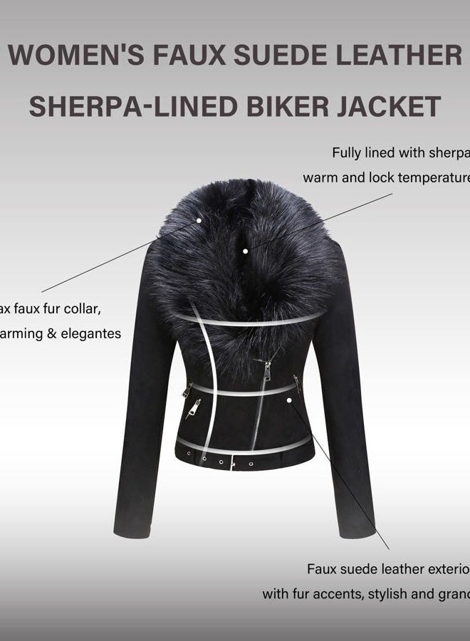 Bellivera Women's Faux Suede Leather Jacket Motocycle Sherpa-Lined Coat with Removable Fur Collar 8830 Black S - Image 3