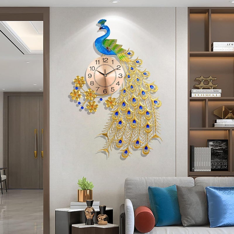 VDHJA ساعة حائط معدنية ثلاثية الأبعاد بتصميم طاووس أوروبي من VDHJA كريستال فاخرة لغرفة المعيشة فن شخصي معدني طيور زرقاء تناظرية طاووس - Image 2