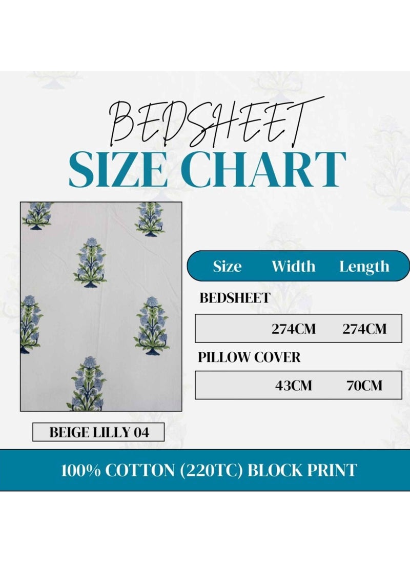 MARHABA CURTAIN 100% Cotton Jaipuri Handblock Print Double Bed Sheet with 2 Pillow Covers Premium Quality, Soft, Breathable (BEIGE LILLY 04)  - Image 5