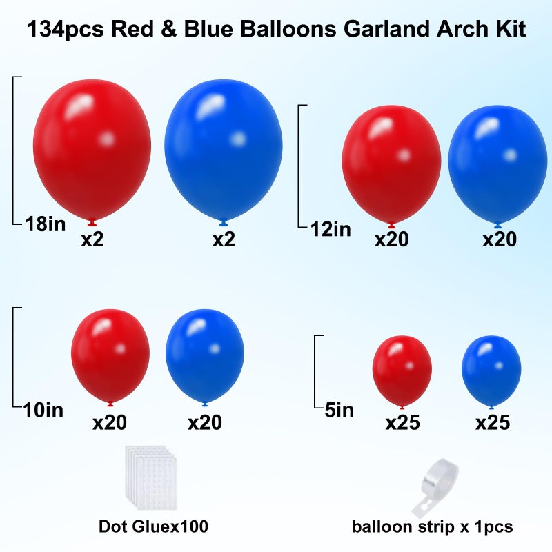 YMSZ Red and Blue Balloon Garland Arch Kit, 134pcs Royal Blue and Red Latex Balloons for Birthday, Graduation, Independence Day Decorations - Image 2