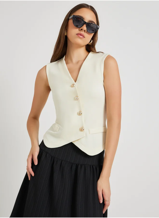 Styli Texture Sleeveless Top with Button Detail