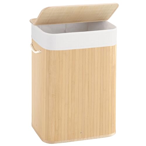 Aliphon 72L Slim Laundry Hamper with Lid, Foldable Bamboo Clothes Laundry Basket with Handles, Removable and Machine Washable Liner, for Bedroom, Bathroom, Dorm, Natural Beige - Image 1
