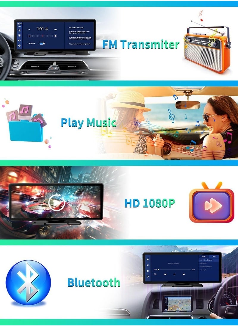 MSMR - 10.25" Portable Wireless Carplay & Android Auto with Backup 12LED Camera, Portable Car Stereo Radio with Bluetooth 5.0, Car Play Touchscreen, Calling, AUX/FM Transmitter - Image 1