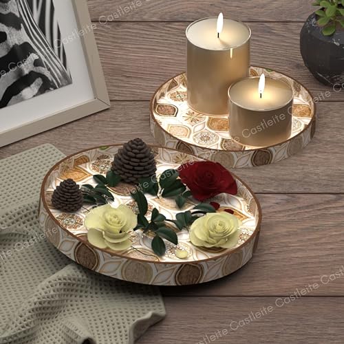 Castleite Ember Decorative Round Wooden Tray Set of 2 Handcrafted Trays for Serving, Use in Kitchen, Dining Table, Decor or Storage - Epoxy Resin Coated - Large, Small (Hanayaka) - Image 3