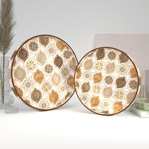 Castleite Ember Decorative Round Wooden Tray Set of 2 Handcrafted Trays for Serving, Use in Kitchen, Dining Table, Decor or Storage - Epoxy Resin Coated - Large, Small (Hanayaka) - Image 1