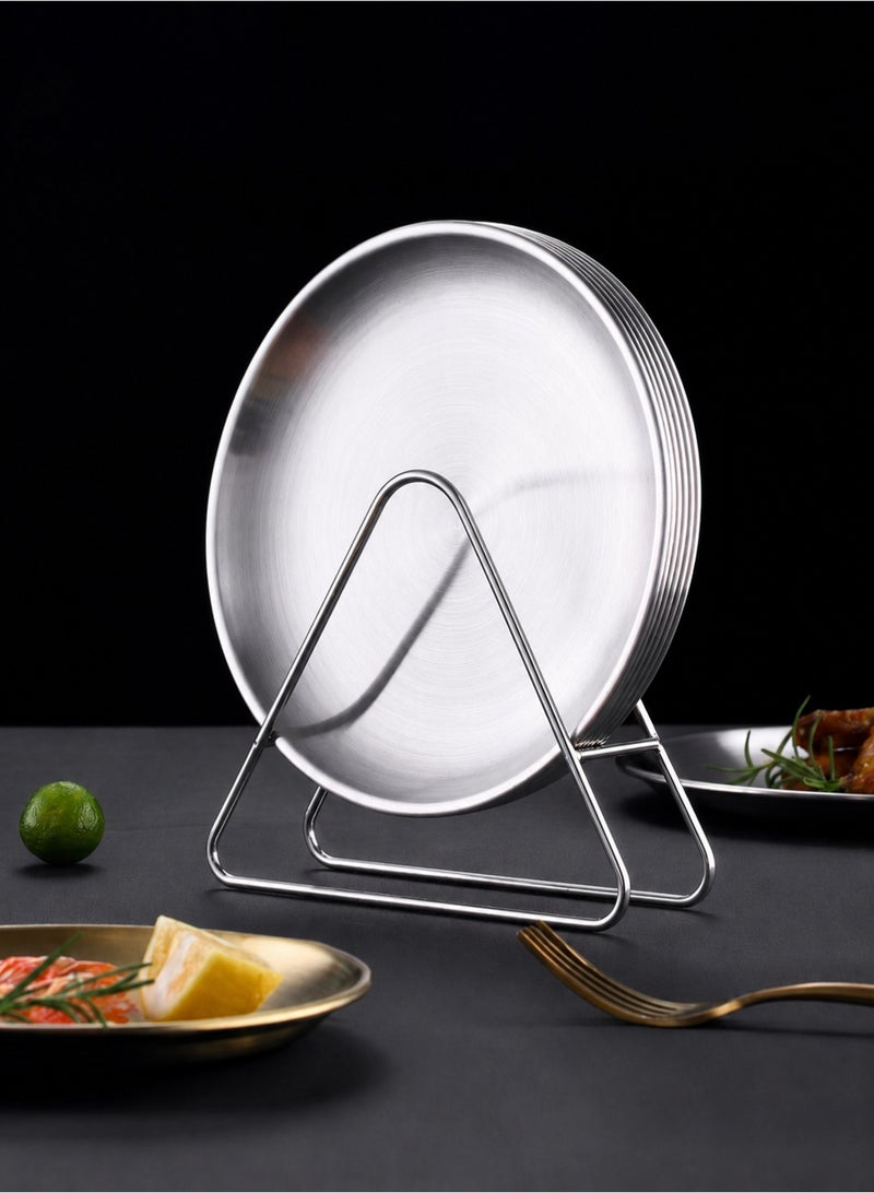 Manhua Silver stainless steel plate set (6 plates+1 storage rack,disc diameter 14cm/5.51 inches),multi-purpose snack plate,fruit plate storage plate for home/restaurant/hotel - Image 4