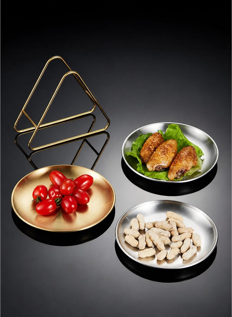 Manhua Silver stainless steel plate set (6 plates+1 storage rack,disc diameter 14cm/5.51 inches),multi-purpose snack plate,fruit plate storage plate for home/restaurant/hotel - Image 5