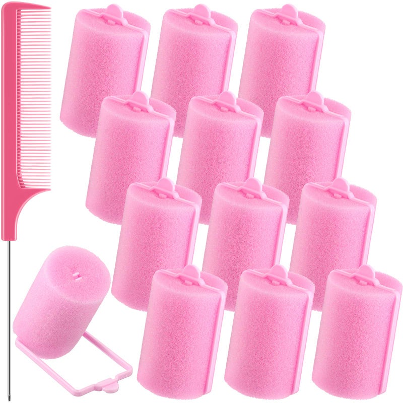 Syhood 12 Pcs Jumbo Foam Sponge Hair Rollers 189 Inch Soft Sleeping Curlers Flexible Large Foam Rollers and Rat Tail Comb for Hair StylingPink