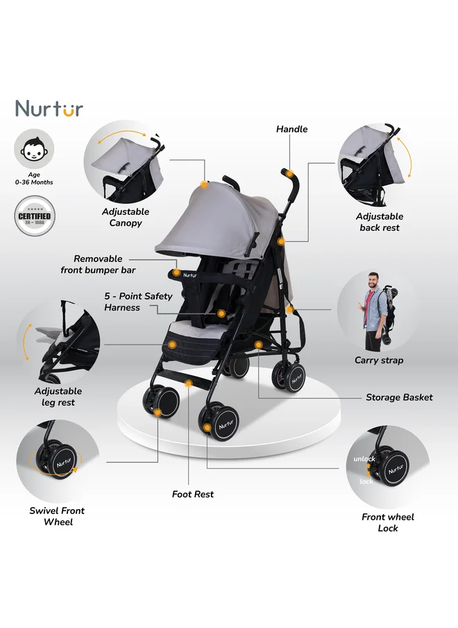 نورتر Lightweight Stroller 0 To 36 Months Storage Basket, Detachable Bumper And 5 Point Safety Harness