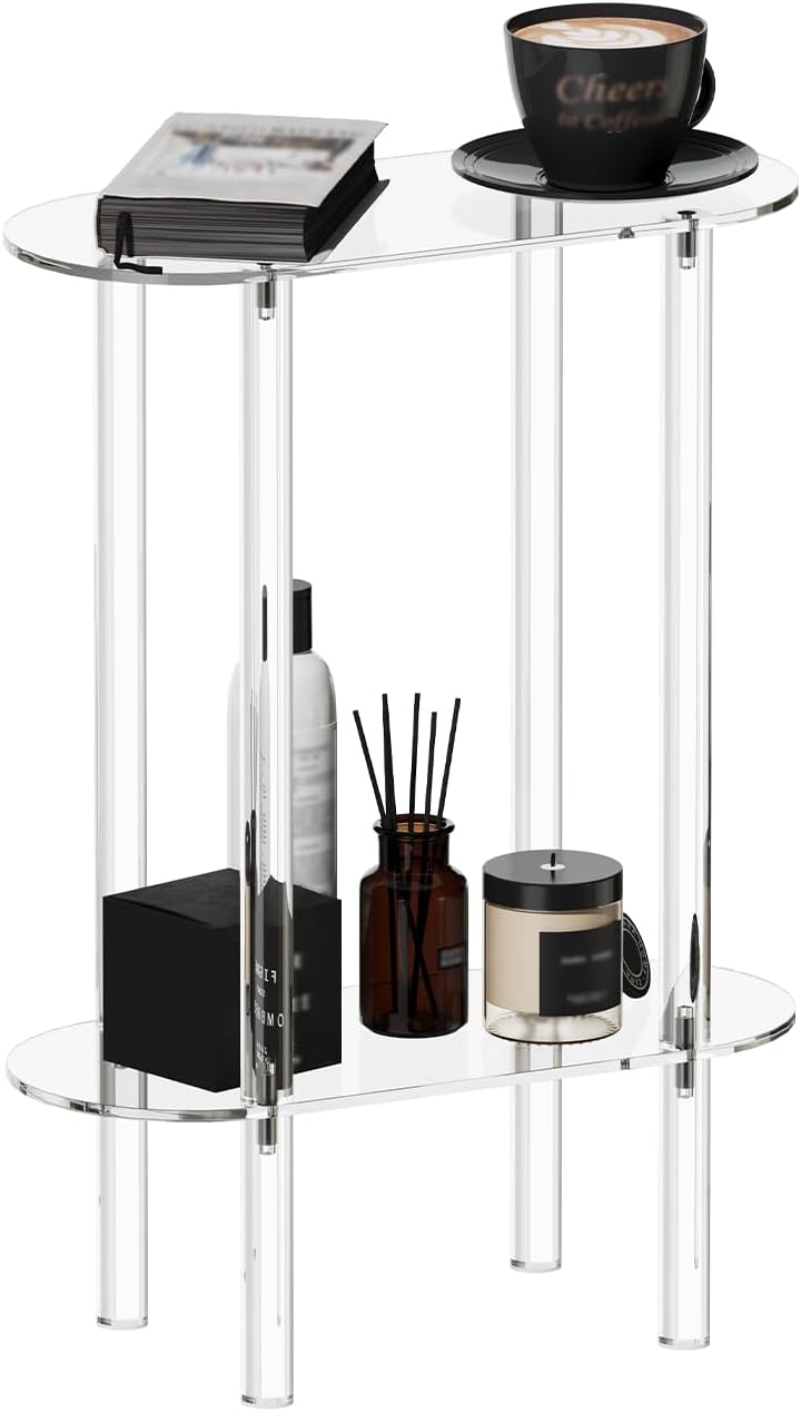 HMYHUM طاولة جانبية ضيقة من الأكريليك للمساحات الصغيرة، طاولة سرير ضيقة بعرض 7 بوصات لغرفة النوم، طاولة نهاية صغيرة نحيفة، طبقتين، طول 15.7 بوصة × ارتفاع 21.8 بوصة، شفاف - Image 1