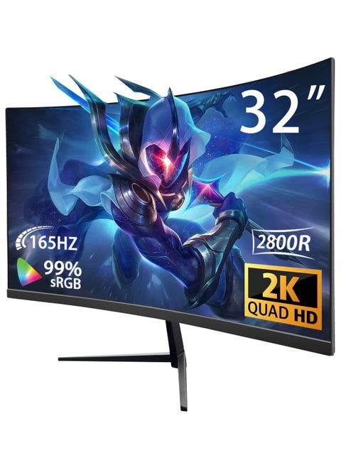 2K 165Hz Curved Monitor, 32 Inch QHD 2560x1440p 165Hz Gaming Monitor with AMD FreeSync, Flicker-Free, 2X HDMI 2.0, DP 1.4, Ultra-Thin Frameless 2800R Screen PC Monitor