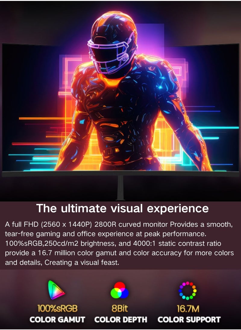 2K 165Hz Curved Monitor, 32 Inch QHD 2560x1440p 165Hz Gaming Monitor with AMD FreeSync, Flicker-Free, 2X HDMI 2.0, DP 1.4, Ultra-Thin Frameless 2800R Screen PC Monitor