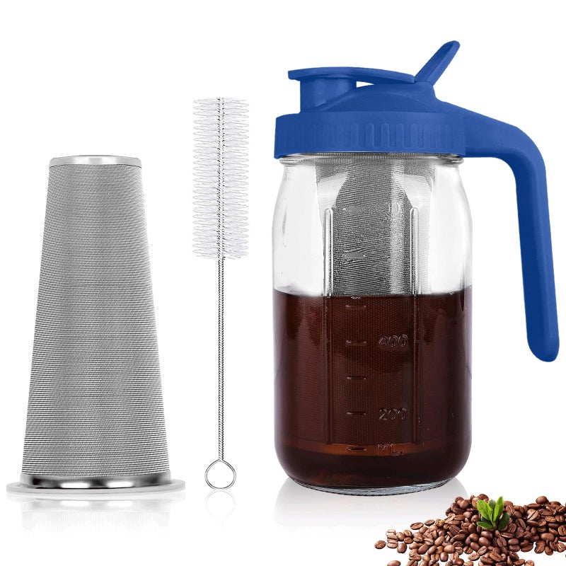 QHH Cold Brew Coffee Maker32 oz Mason Jar Pitcher with Stainless Steel Filter Pour Spout Handle Lid Heavy Duty Glass Airtight  LeakProof Pitcher for iced coffee Tea LemonadeBlue