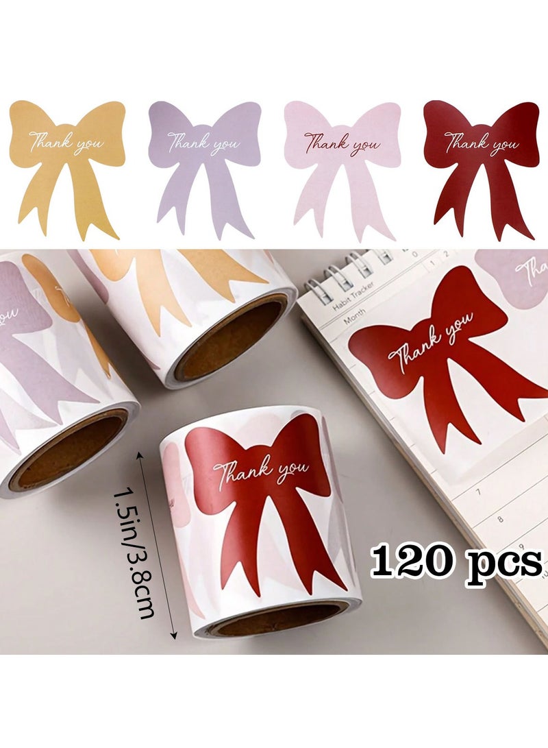Bow-Shaped Thank You Stickers Roll | 120-Piece Elegant Adhesive Labels with 4 Cute Designs, 6x5cm (2.36x1.96 in), for Gift Boxes, Journaling, Packaging, Handmade Goods, Cup & Envelope Seals - Image 1