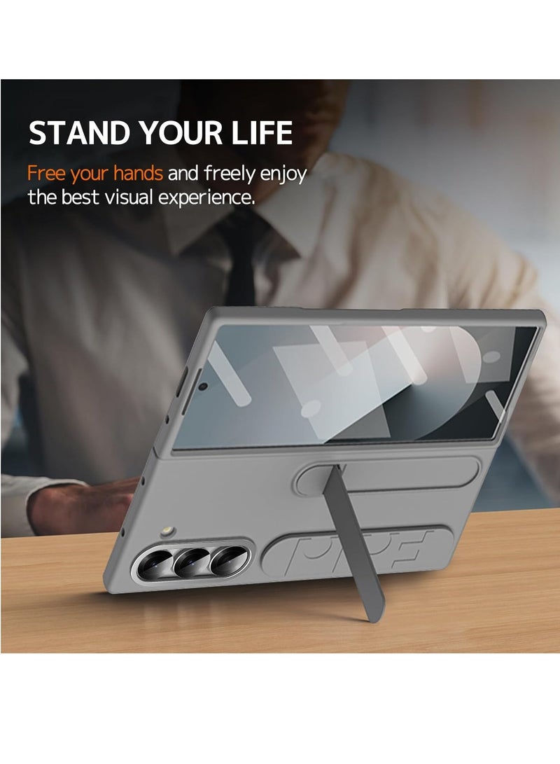 عام جراب لهاتف Samsung Galaxy Z Fold 6 مع حزام، جراب واقٍ رفيع لهاتف Samsung Z Fold 6 مع سوار معصم، جراب Galaxy Z Fold 6 مع واقي شاشة لهاتف Galaxy Fold 6 مع مسند باللون الرمادي - Image 5