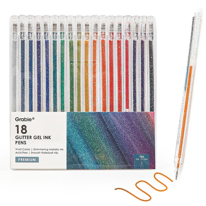 Grabie Capped Glitter Gel Pens 18 Colors Metallic Vibrant Sparkle Gel Pens for Coloring Color Pens for AdultsColored Gel Pens for Adult Coloring Books and Drawing