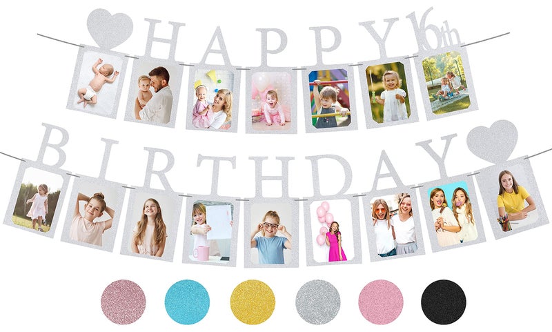 PartyHooman Sweet 16 Birthday Decorations Photo Banner in Silver Preassembled Sweet 16 Banner WITH Sixteen Photo Card Frames Party Supplies Happy 16th birthday decorations for girls with 16 Signs - Image 2