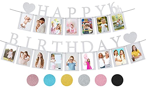 PartyHooman Sweet 16 Birthday Decorations Photo Banner in Silver Preassembled Sweet 16 Banner WITH Sixteen Photo Card Frames Party Supplies Happy 16th birthday decorations for girls with 16 Signs - Image 1