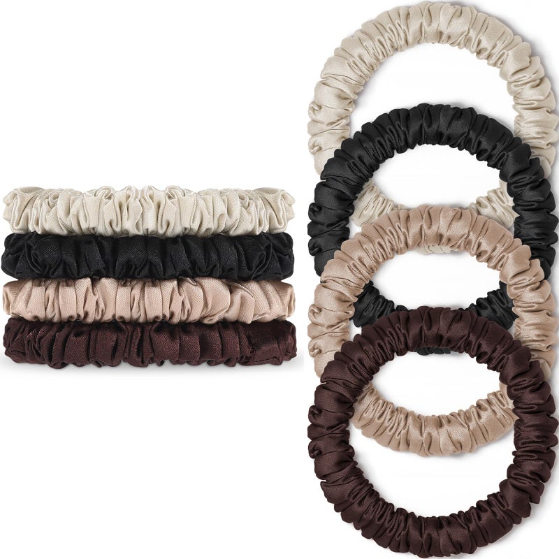 WantGor Scrunchies Hair Ties Silk Satin Scrunchy WantGor Women 4PC Pure Mulberry Silk Skinny Elastic Scrunchies Hair Bands Bracelets Ponytail Holders Hair Accessories BlackBrownChampagneApricot - Image 3