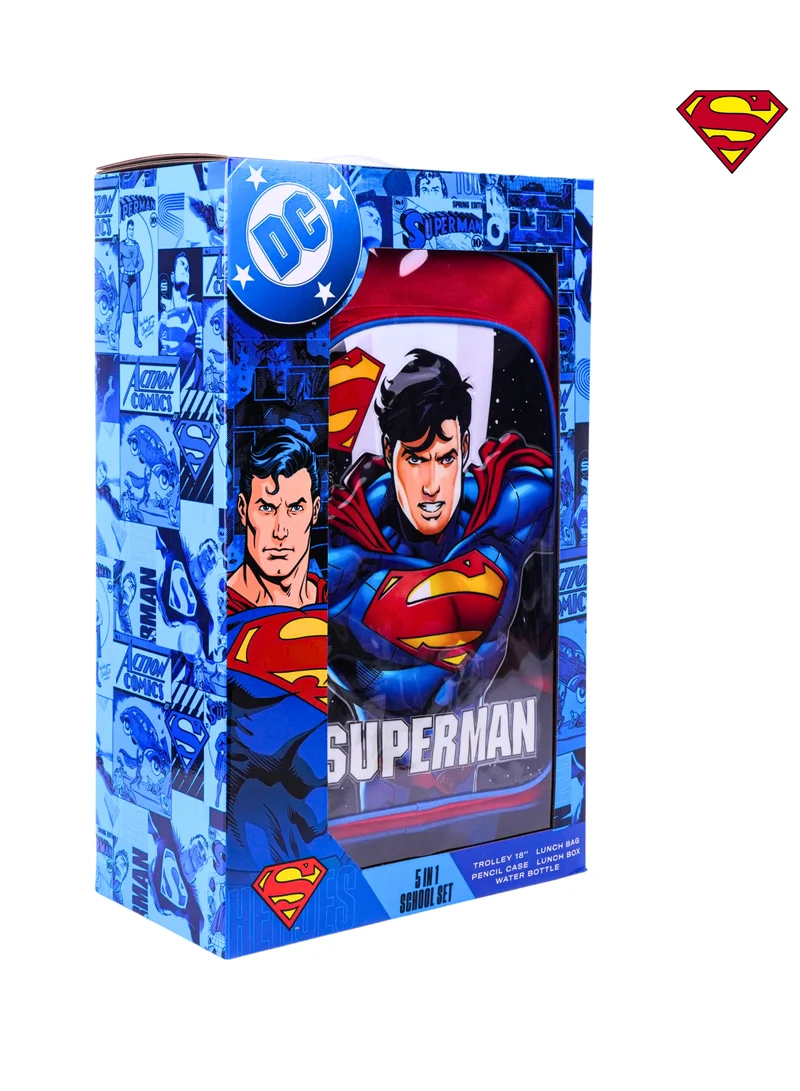 وارنر بروس Warner Bros. Superman Up In The Sky 5In1 Trolley Box Set 18" I Trolley I Lunch Bag I Water Bottle I Pencil Case I Lunch Box I Packaging