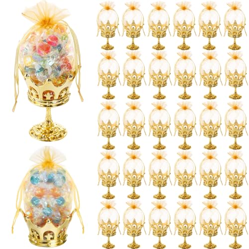 Noamus 30 Pack Fillable Crown with Pouch Gold Plastic Goblet with Drawstring Bags Decorative Candy Storage Boxes Party Favor Container for Candy Chocolate Cake Dessert Princess Wedding Birthday - Image 1