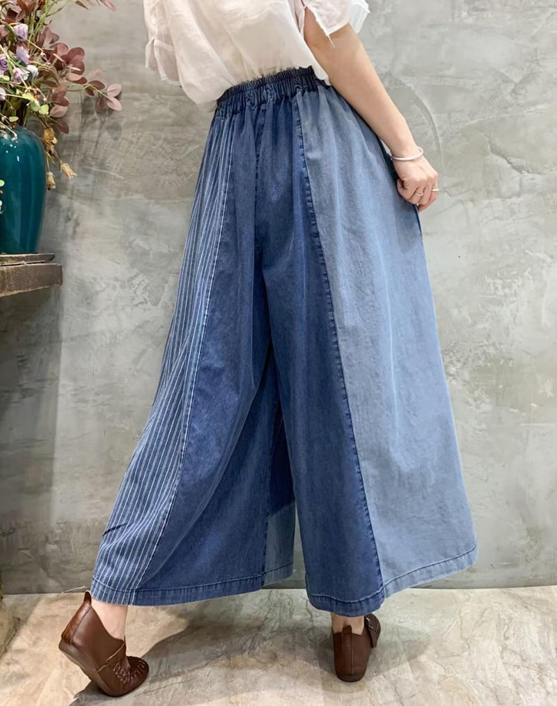 HaoMay Women's Loose Fit Elastic Waist Wide Leg Jeans Palazzo Pants Culottes (Blue-One Size) - Image 2