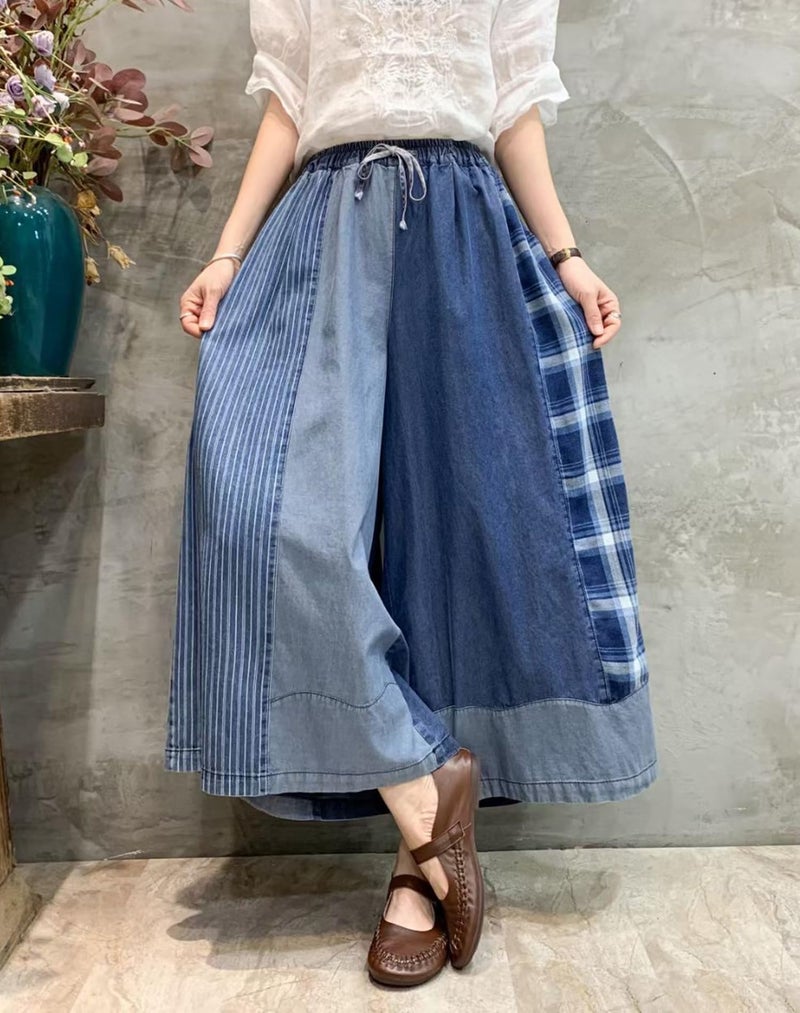 HaoMay Women's Loose Fit Elastic Waist Wide Leg Jeans Palazzo Pants Culottes (Blue-One Size) - Image 4