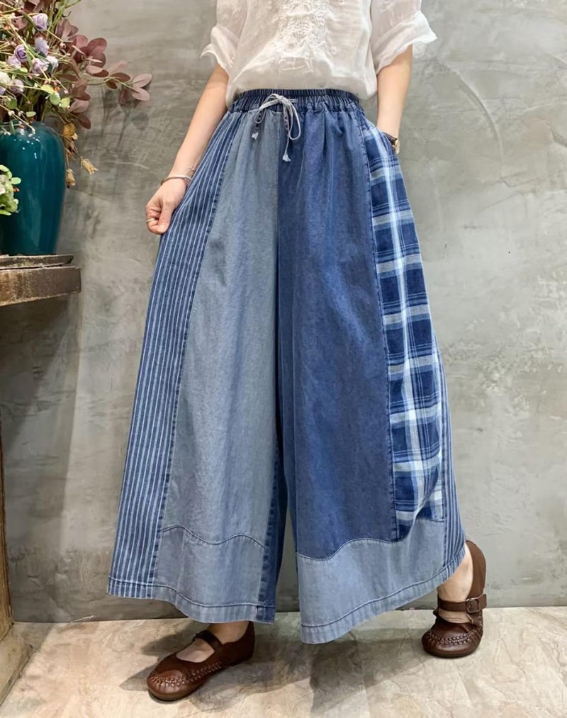 HaoMay Women's Loose Fit Elastic Waist Wide Leg Jeans Palazzo Pants Culottes (Blue-One Size) - Image 5