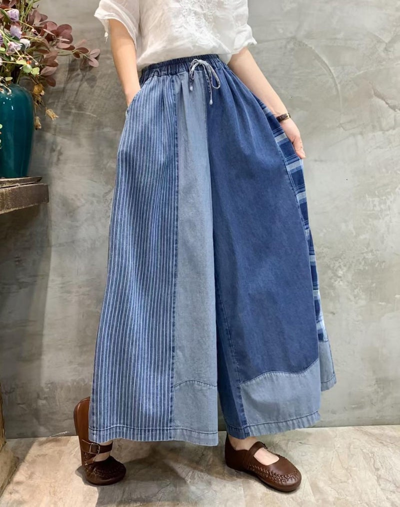 HaoMay Women's Loose Fit Elastic Waist Wide Leg Jeans Palazzo Pants Culottes (Blue-One Size) - Image 3
