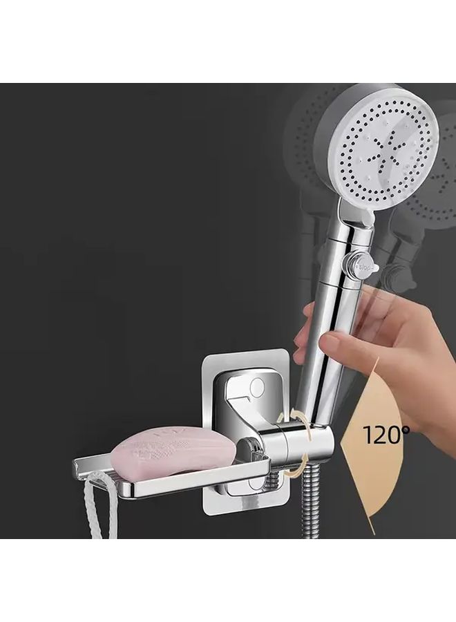 Universal Shower Head Bracket Silvery Adjustable No Drill Installation Soap Box Holder - Image 1