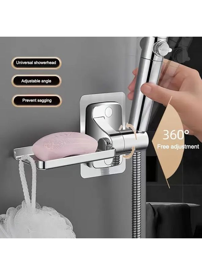 Universal Shower Head Bracket Silvery Adjustable No Drill Installation Soap Box Holder - Image 2