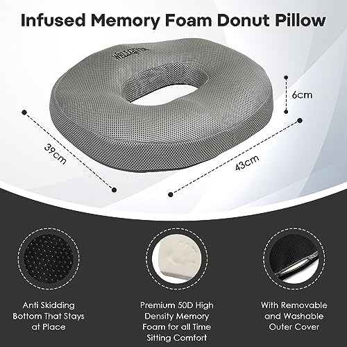 WELLGIVER Orthopaedic Foam Donut Plus Ring Pillow Coccyx Seat Cushion Piles Haemorrhoid Tailbone Back Pain Fistula Prostate Post Natal Pain Relief | 16.5 x 15 x 3 Inch | Grey Air Mesh Removable Cover - Image 3