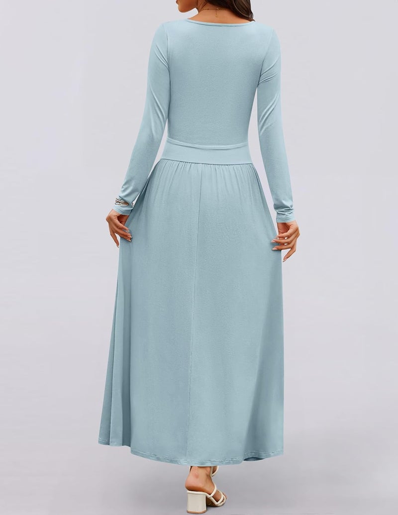 Women's Long Sleeve Maxi Dress with Pockets - Sky Blue, Large - Image 4