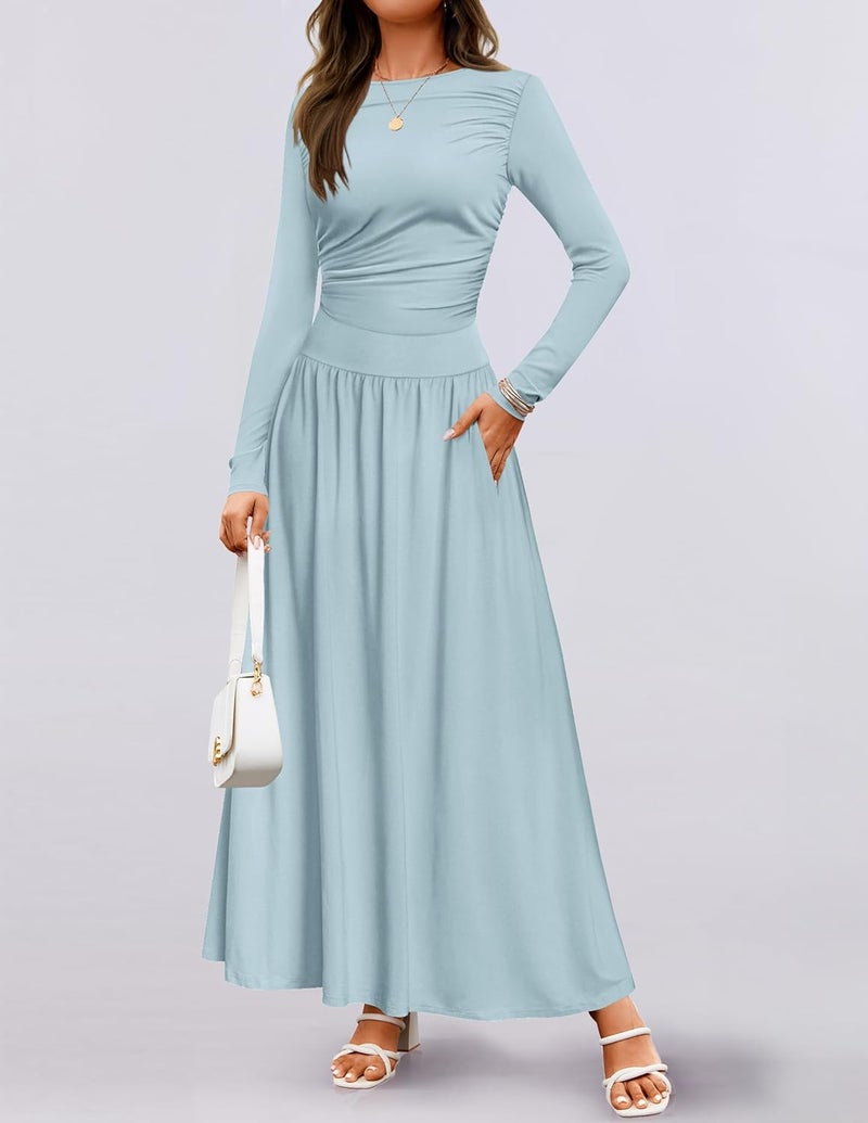 Women's Long Sleeve Maxi Dress with Pockets - Sky Blue, Large - Image 3