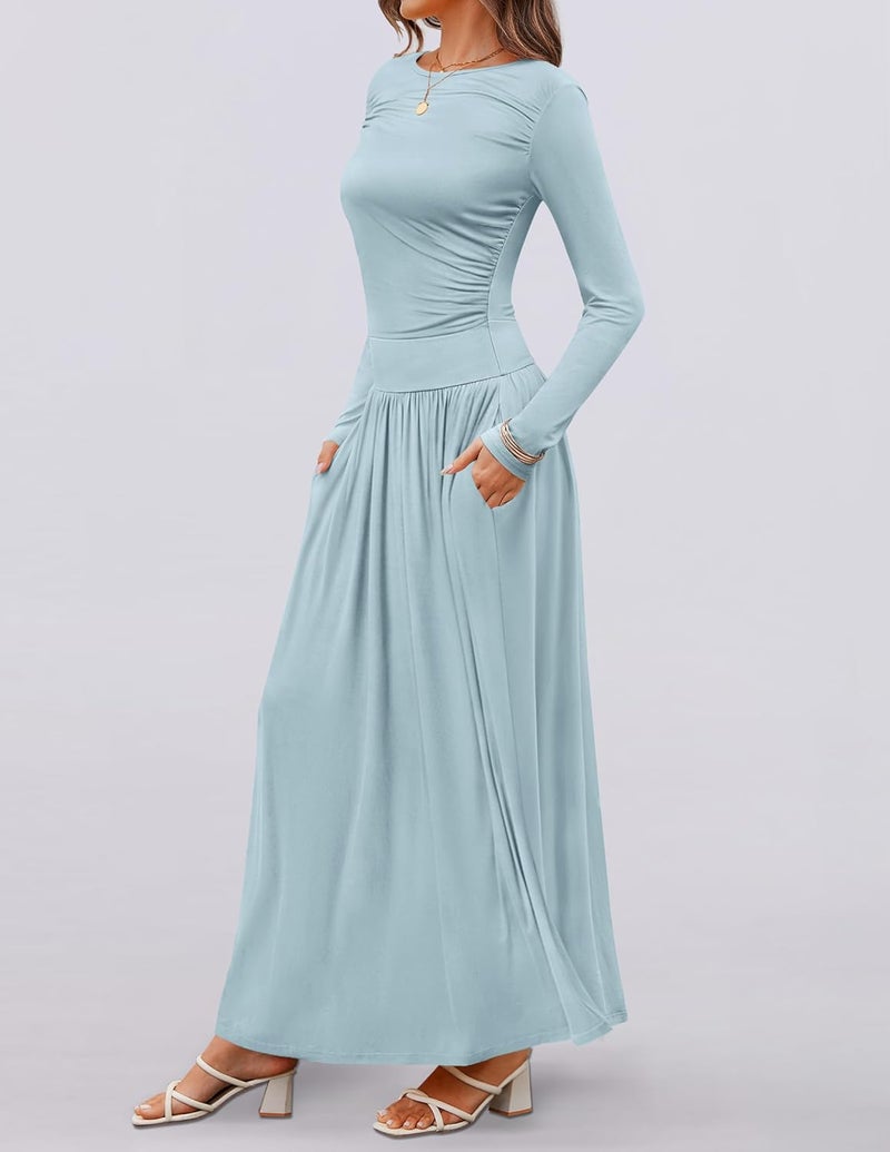 Women's Long Sleeve Maxi Dress with Pockets - Sky Blue, Large - Image 5