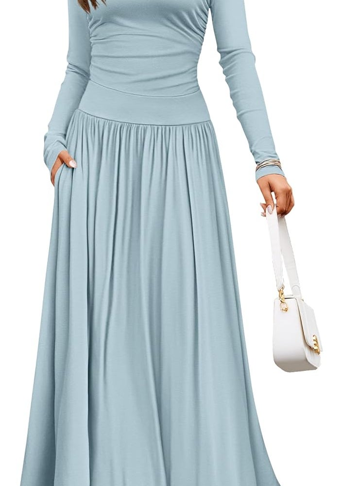Women's Long Sleeve Maxi Dress with Pockets - Sky Blue, Large - Image 1